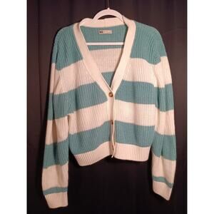 SO Long Sleeve Cardigan XL Teal White Stripe V Neck Button Up Knit Sweater Women